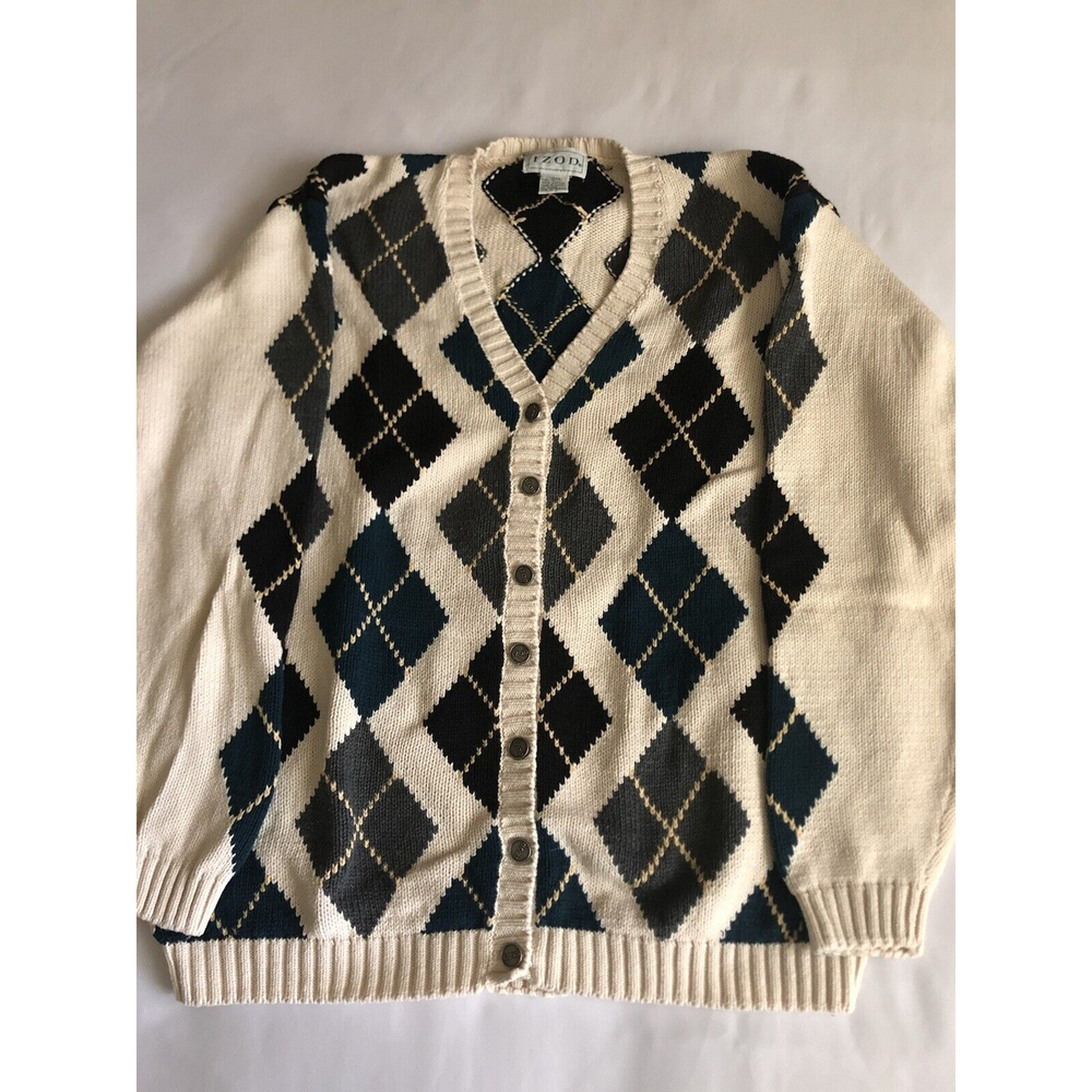 Vintage Izod Club Women's Ivory Argyle Pattern Cardigan Sweater Sz M